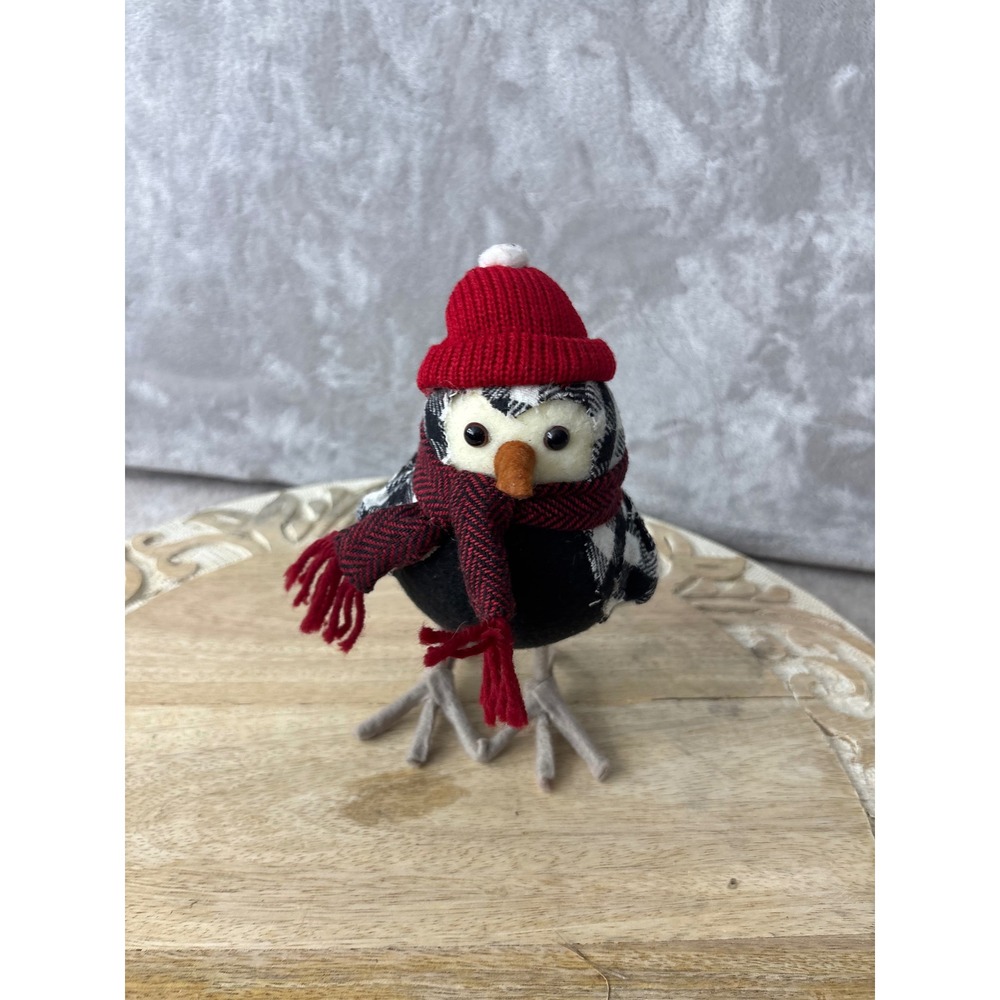 Bird‎ Figurine Black White Buffalo Check Red Knit Hat Scarf Christmas Decor